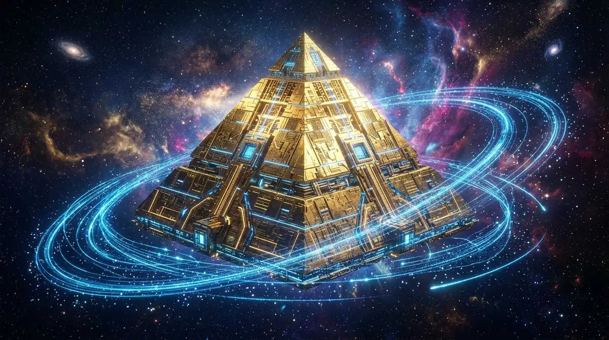 Majestic cybernetic golden pyramid in a starry nebula