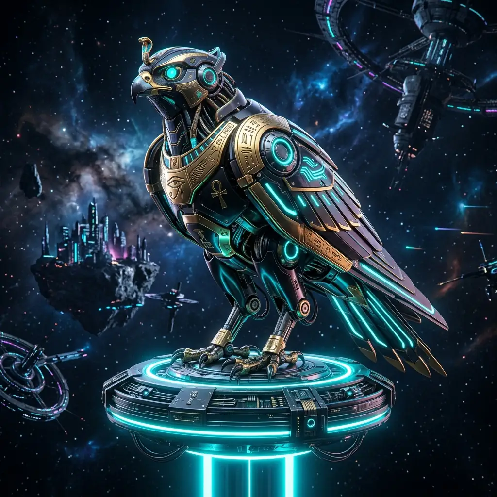 Robotic Horus Falcon with cybernetic armor