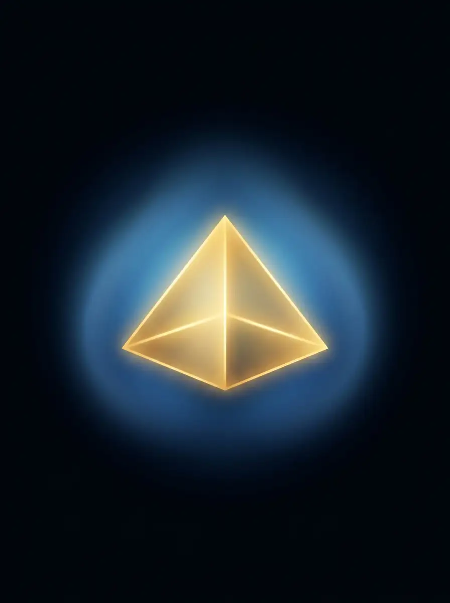 Serene abstract golden pyramid emitting calming blue aura